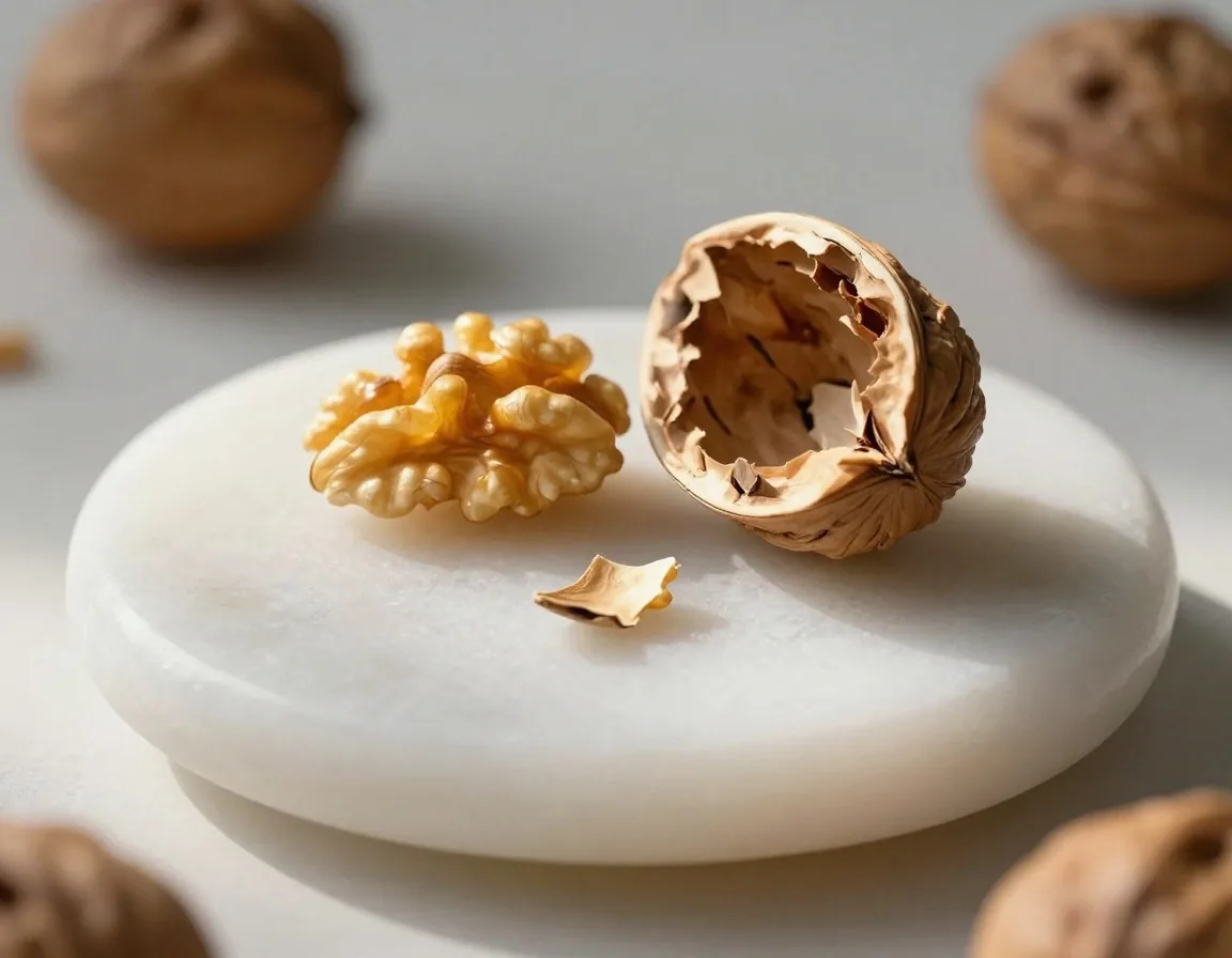 A cracked walnut photographed as a nutrient specimen on a white surface
