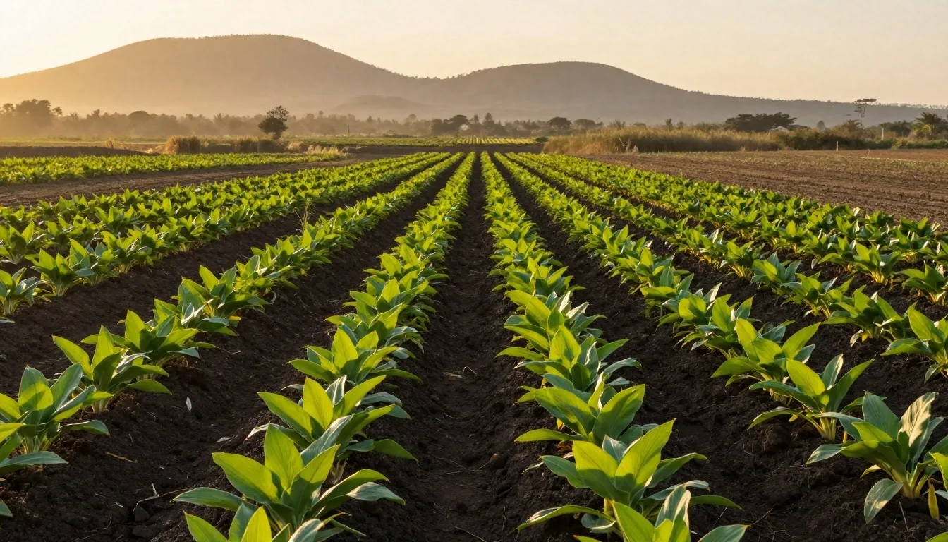 Dawn garden beds with furrowed soil rows and green shoots in early morning light