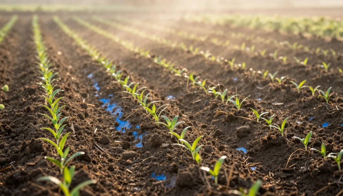 Dawn garden beds with furrowed soil rows and green shoots at sunrise