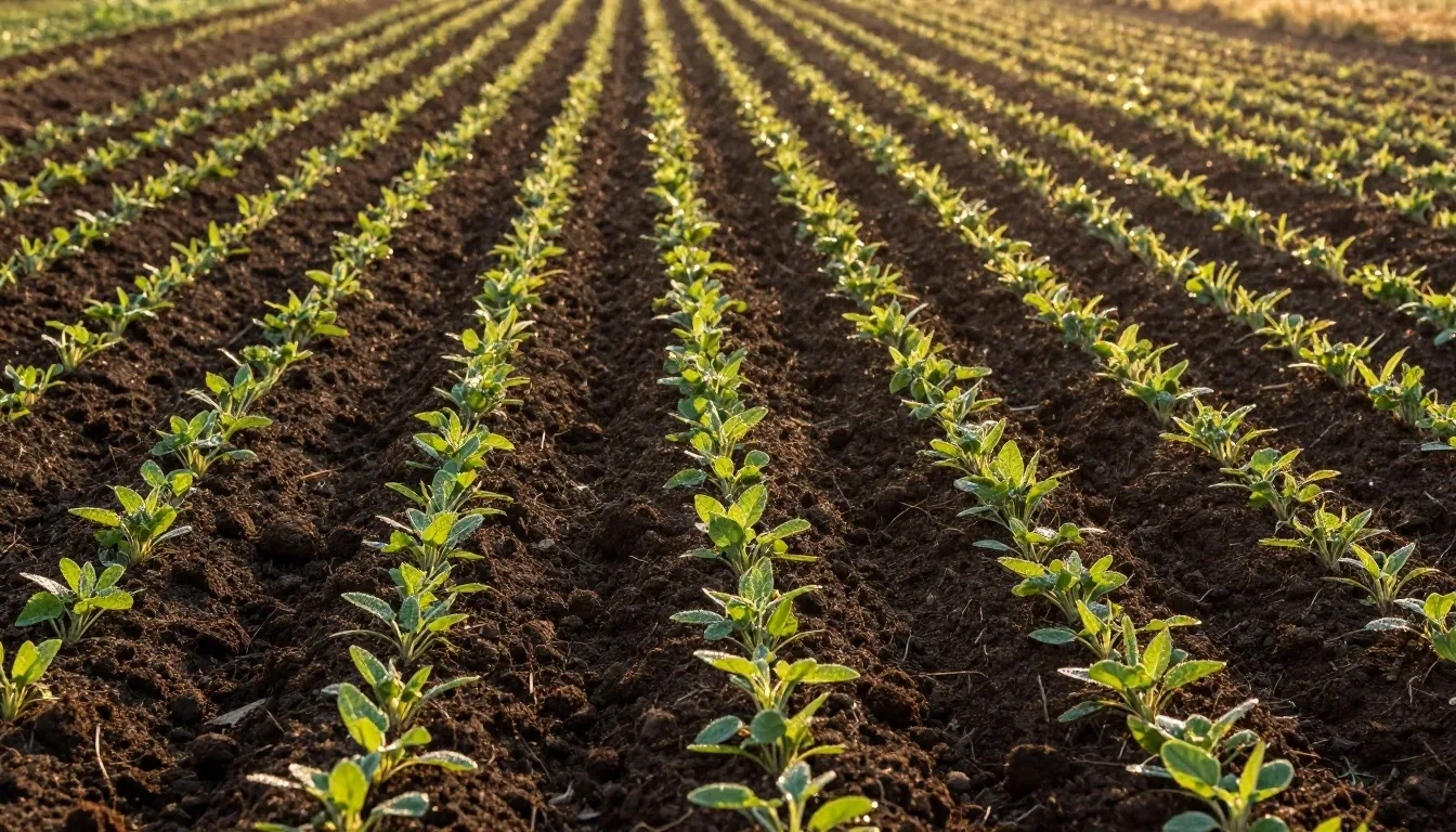 Dawn garden beds with furrowed soil rows and emerging green shoots