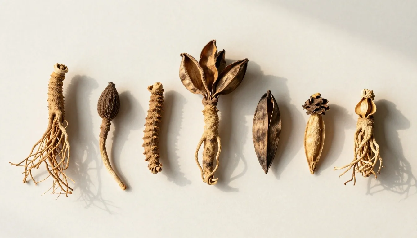 Botanical specimens arranged on a clean white surface in natural daylight