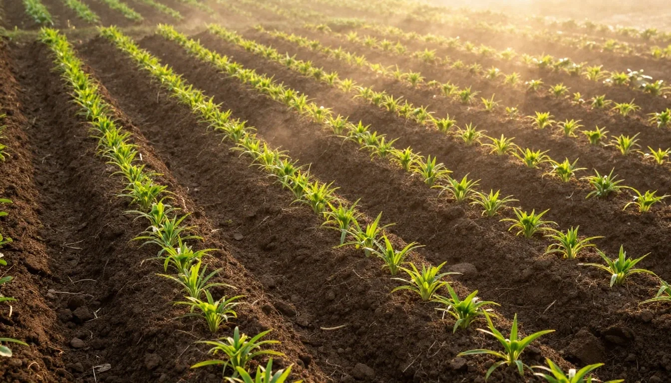 Dawn light over furrowed garden beds with green shoots